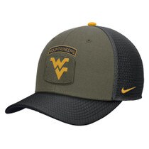 Medium olive Nike WVU trucker hat with embroidery patch on the front panels featuring the Flying WV Logo and a military style United States flag embroidery on right panel